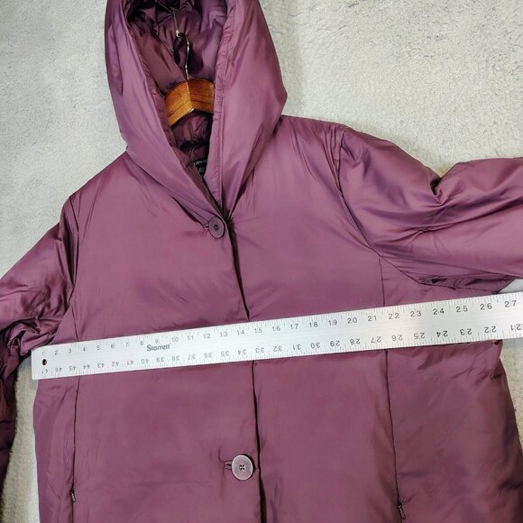Eileen Fisher Coat Womens Large Maroon Down Parka Hooded Winter Oversized Preppy - Picture 11 of 15